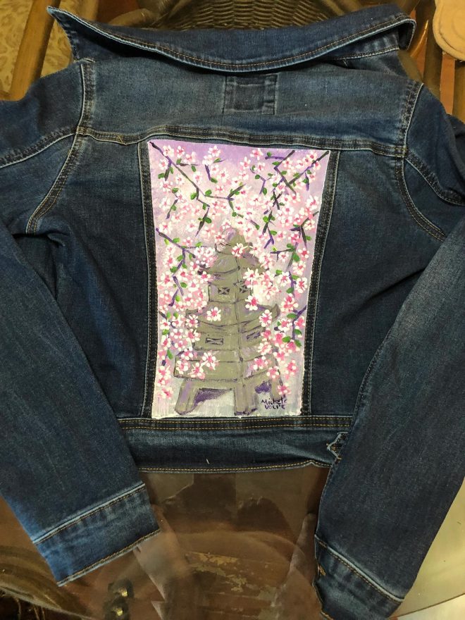 Cherry Blossoms with Japanese Pagoda on Denim Jacket