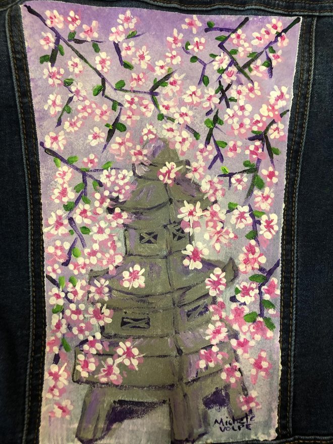 Cherry Blossoms with Japanese Pagoda on Denim Jacket